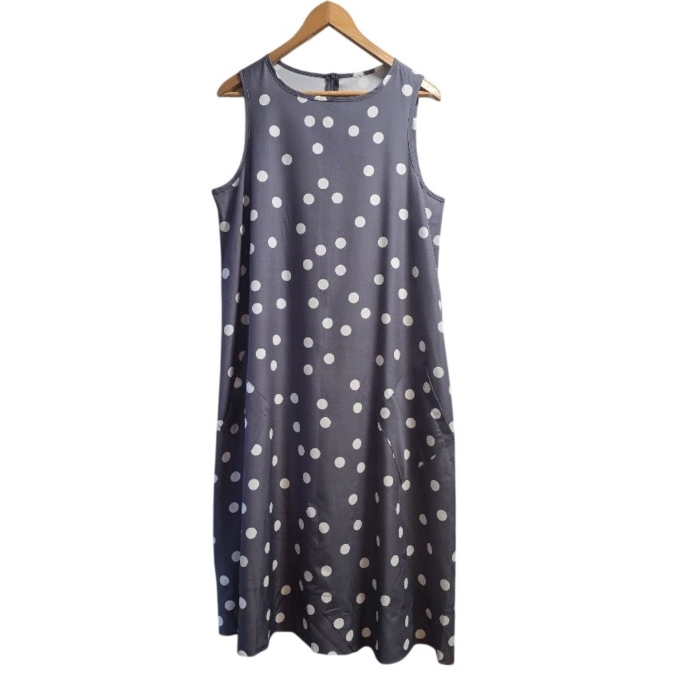 Mod Polka Dot Midi Shift Dress Women L Gray White Retro Minimalist Patch Pockets